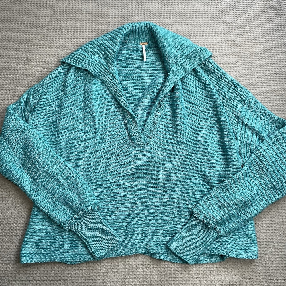 Free People Marlie Pullover Sweater Medium Womens Teal Rib Knit Shawl Collar